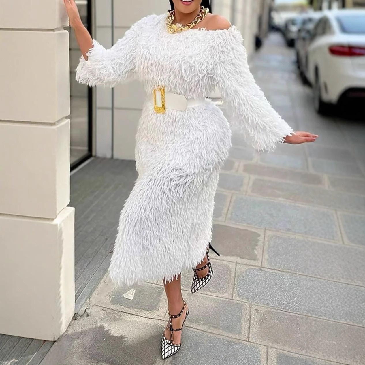 Winter Evening Dress Woman Lon - Off White Belt ulasan dan harga